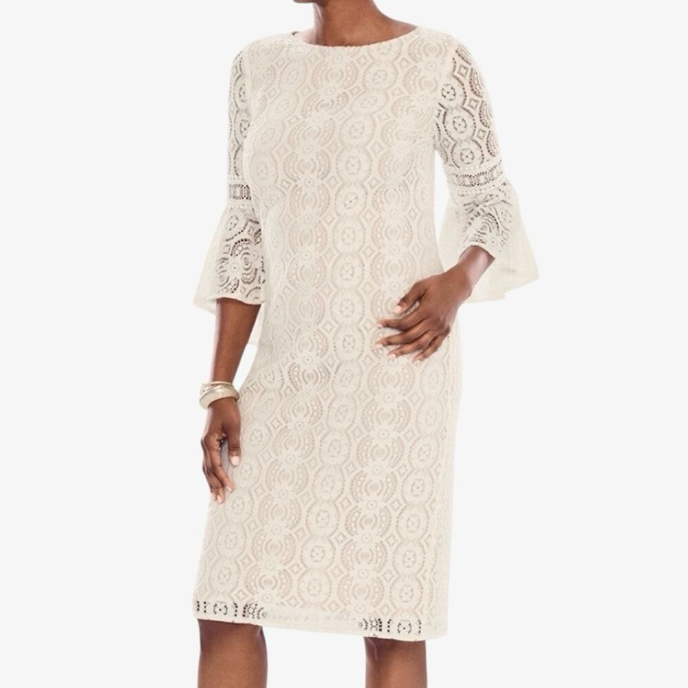 Chico's Lace Shift Midi Dress M 8 Flared Bell Sleeve Cream Ivory Boho Cocktail